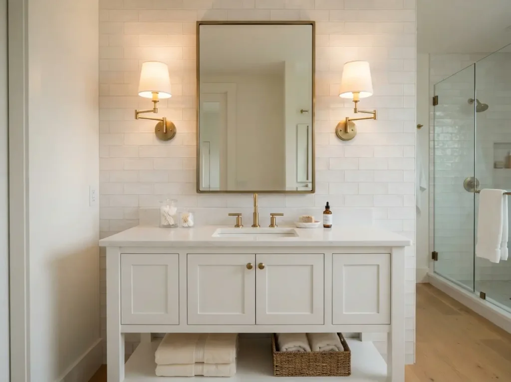 Two brass sconces at eye level on each side of a bathroom mirror
