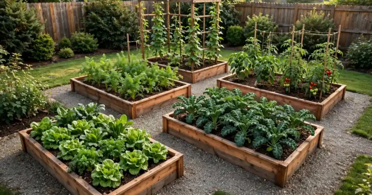 Beautiful backyard vegetable garden with cedar raised beds, gravel paths, leafy greens, and climbing plants.