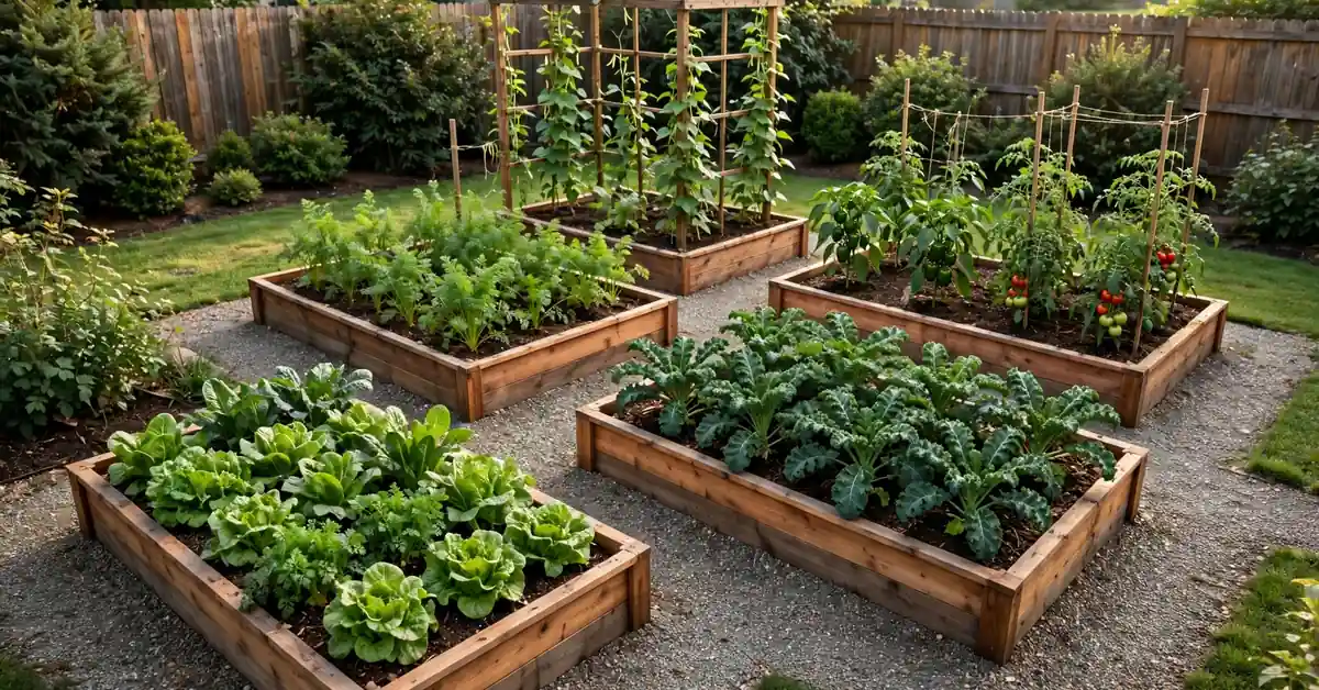 Beautiful backyard vegetable garden with cedar raised beds, gravel paths, leafy greens, and climbing plants.