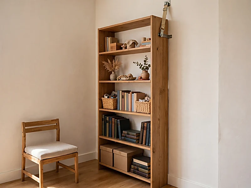Tall apartment bookcase with heavier storage boxes on lower shelves and lighter decor on upper shelves.