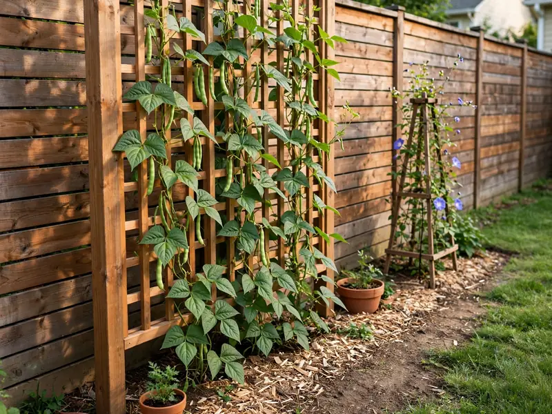Wooden trellis with climbing pole beans and flowering vines beside a fence in a narrow backyard.