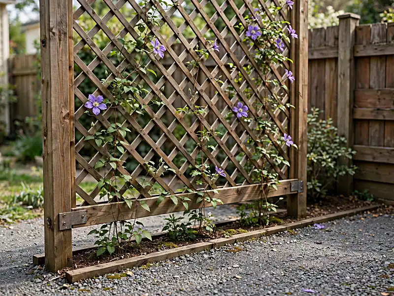 Wooden garden trellis supporting flowering clematis beside a narrow planting bed in a small backyard.