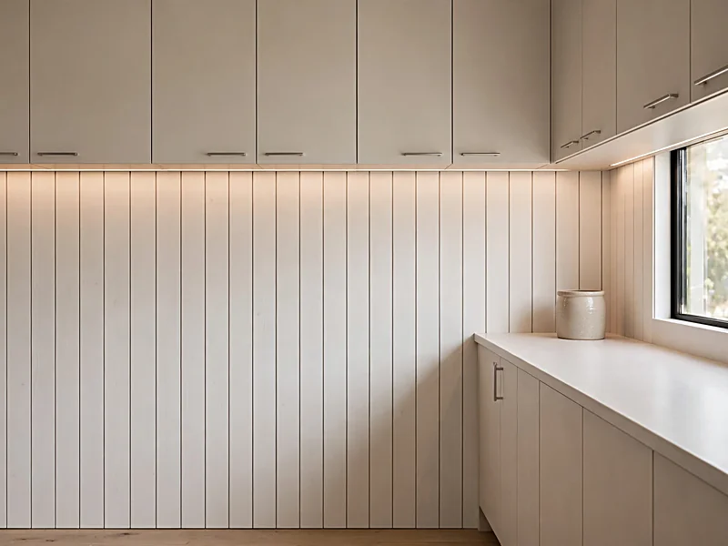 Narrow vertical shiplap backsplash in warm white with flat-front cabinets and brushed metal hardware.