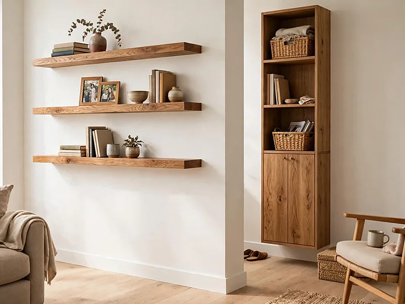 Small condo wall with floating shelves, a tall narrow cabinet, and organized books and personal items.