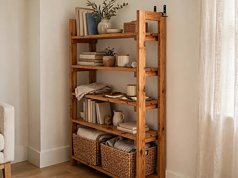Small living room with a tall wooden bookcase, storage baskets, books, and neatly arranged household items.