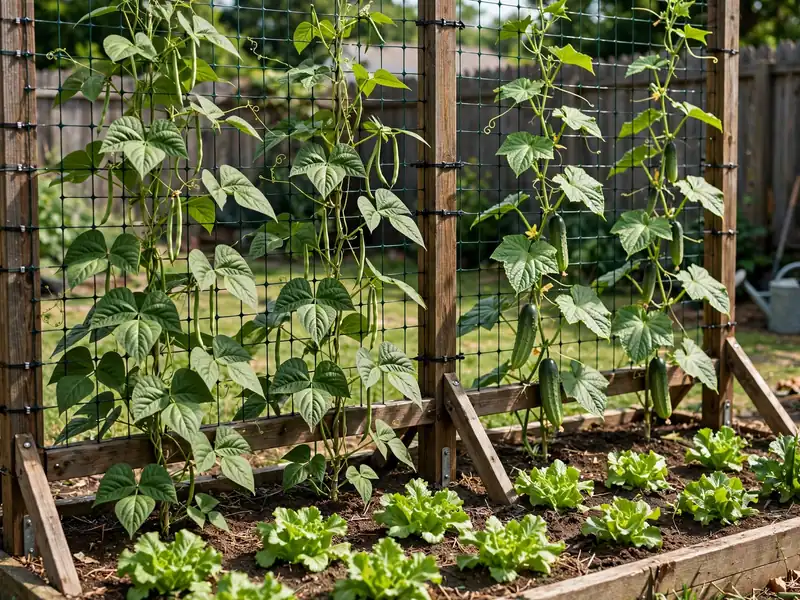 Sturdy backyard trellis supporting climbing beans and cucumbers above a vegetable bed.
