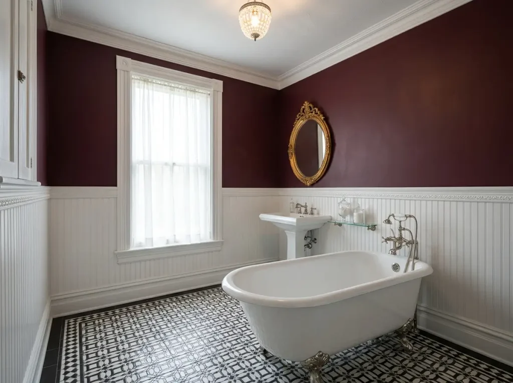 Victorian bathroom with clawfoot tub, burgundy walls, white wainscoting, and black and white floor tile
