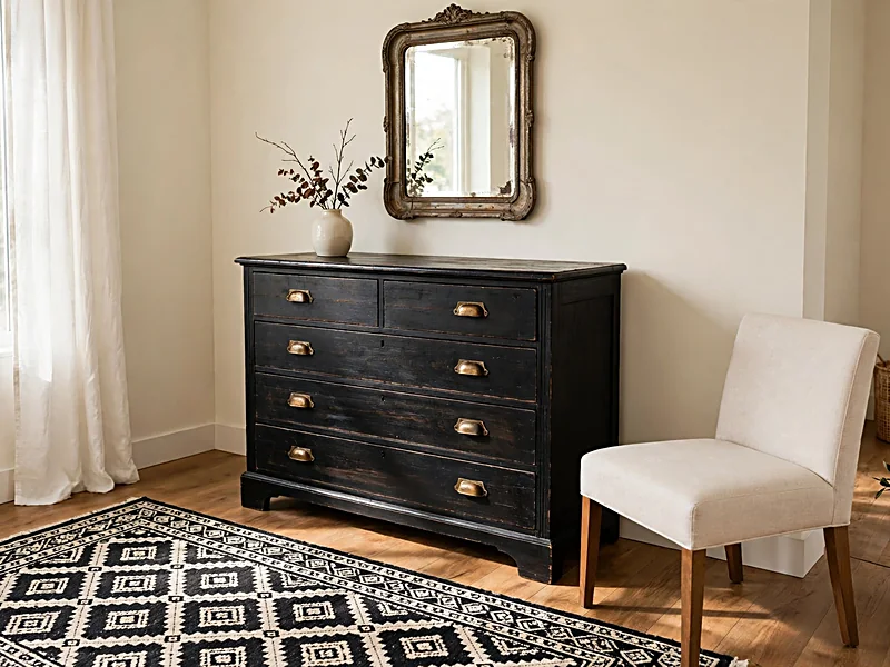 Vintage-inspired room with a black dresser, antique-style mirror, brass handles, and patterned rug.