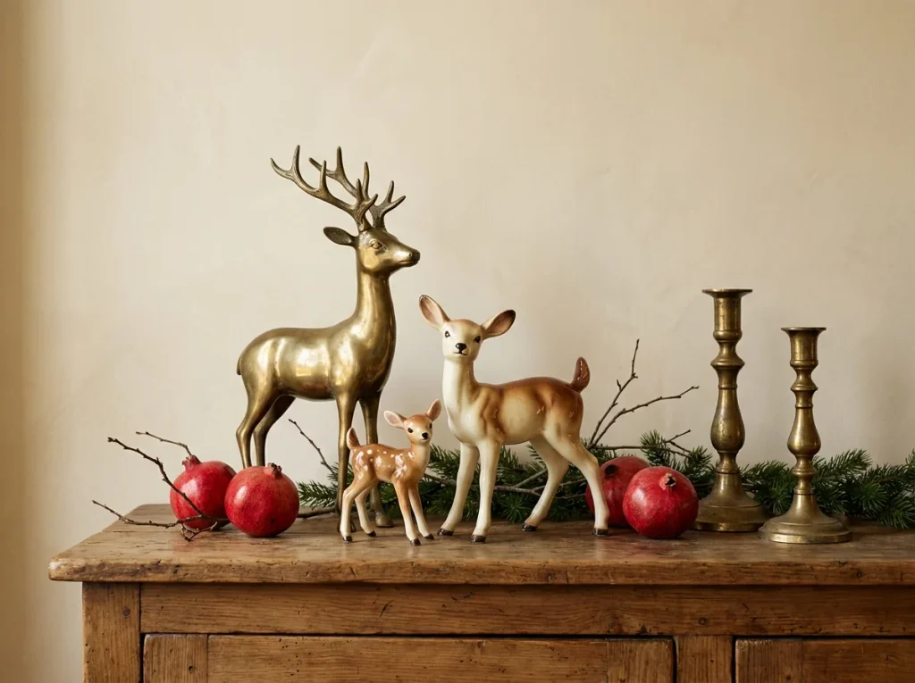Brass and ceramic deer figures on a buffet with pomegranates, small branches, and a mini garland