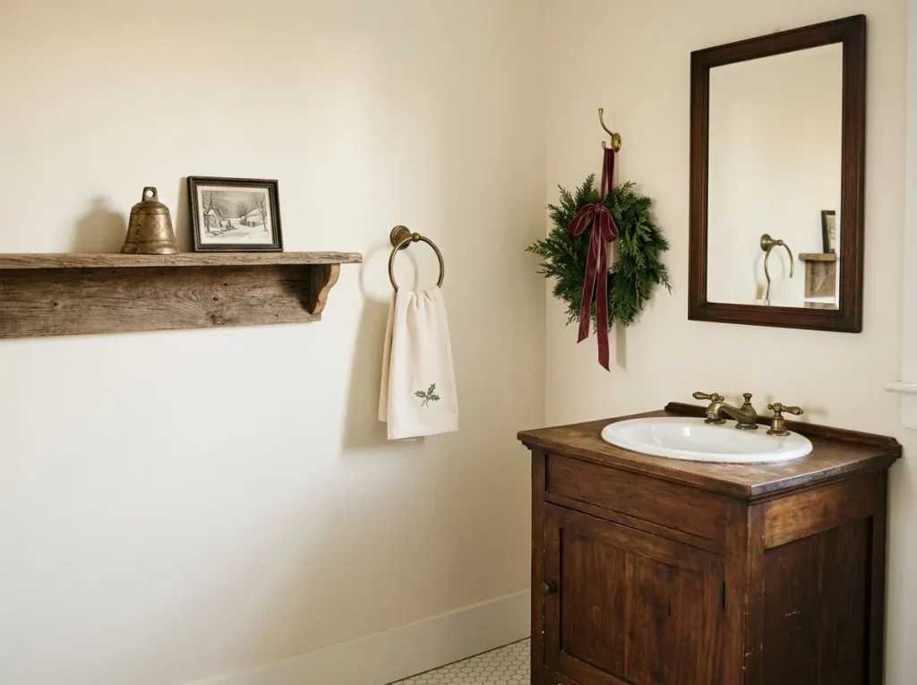 Vintage-style bathroom with burgundy velvet wreath, decorative brass bell, classic tile, and cream towels.
