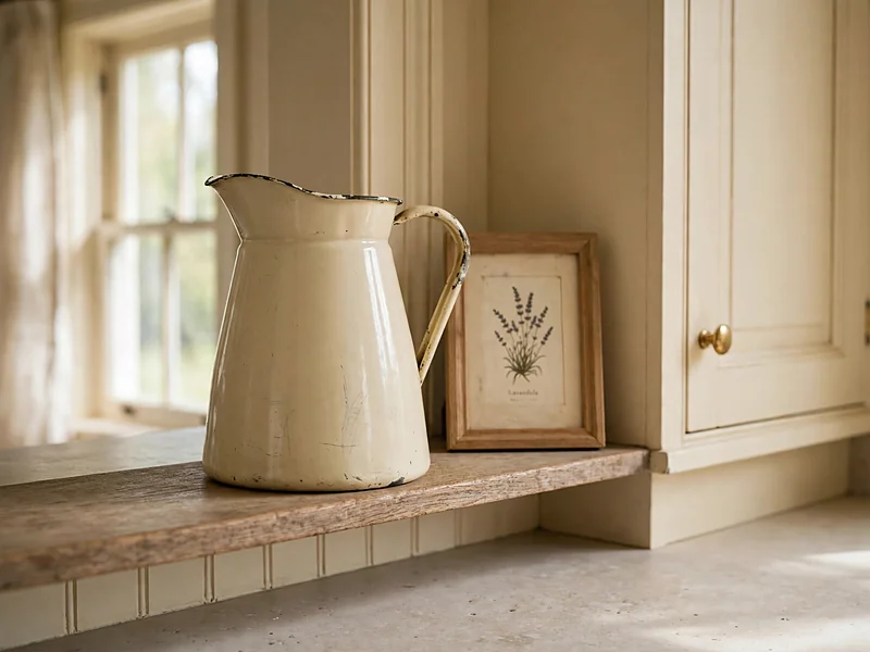 Vintage cream enamel pitcher and wooden-framed botanical print on a farmhouse kitchen shelf.