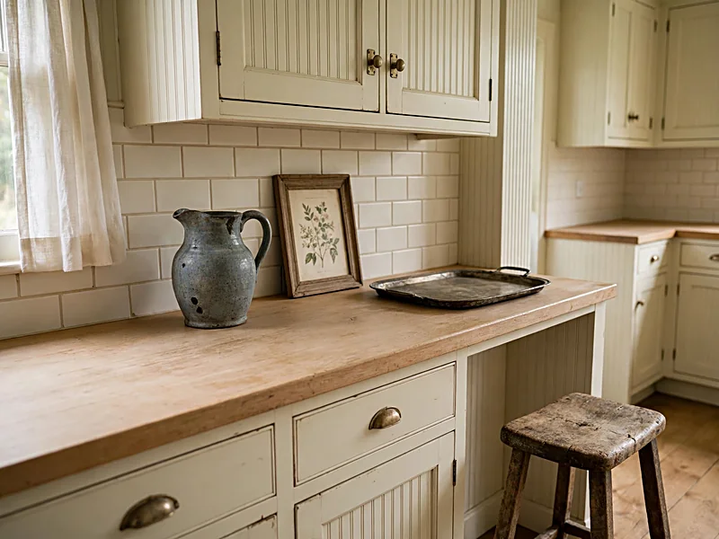 Vintage ceramic pitcher, wooden stool, and framed botanical artwork in a cottage kitchen.