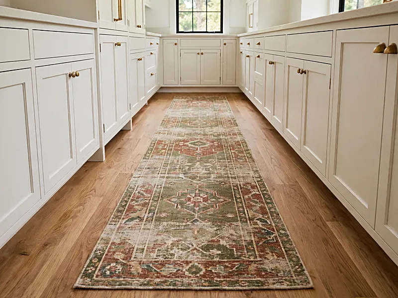 Faded rust and olive vintage-style runner on a wood kitchen floor beside cream cabinets.