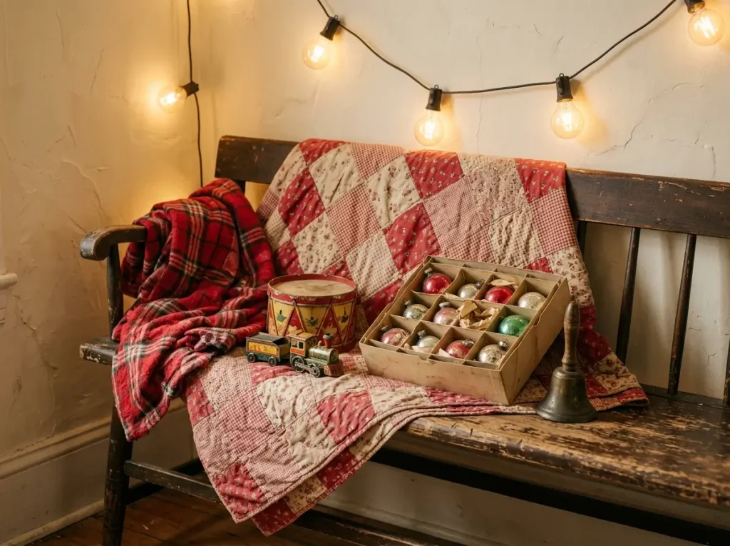 Vintage holiday vignette with a patchwork quilt, flannel blanket, old tin toys, and antique glass ornaments