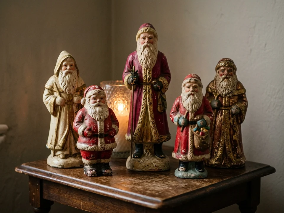 Group of vintage Santa figurines on a side table with a glowing candle