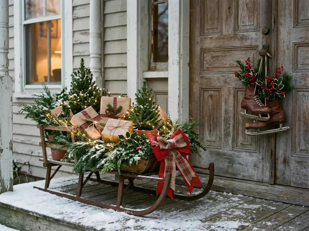 Antique sled loaded with presents, mini trees, and greenery, with old skates and berries on the door