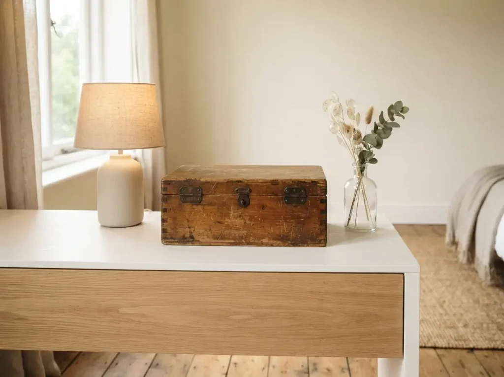 Antique wooden box with brass hinges on a white dresser between a modern lamp and a glass vase
