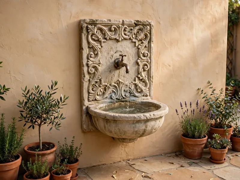 Wall-mounted stone fountain with a carved spout and basin in a small courtyard.