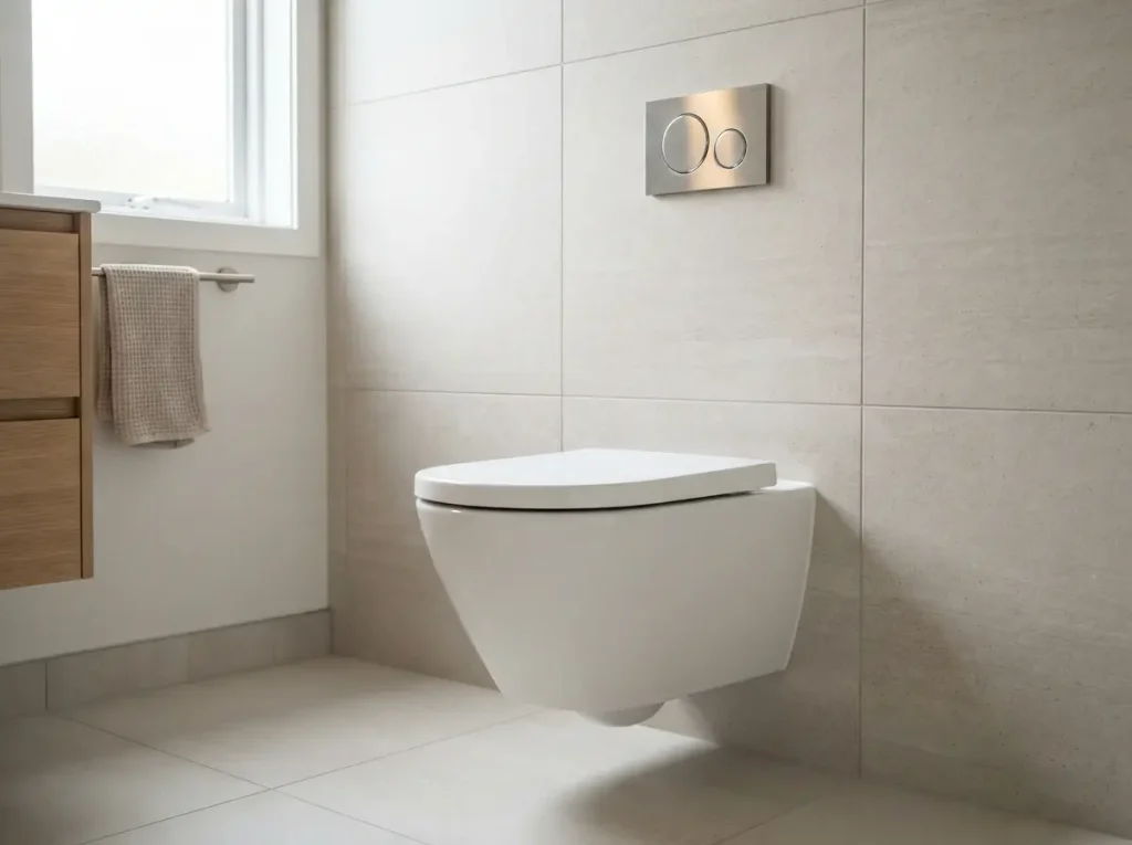 Wall hung toilet with open floor space underneath and brushed steel flush plate