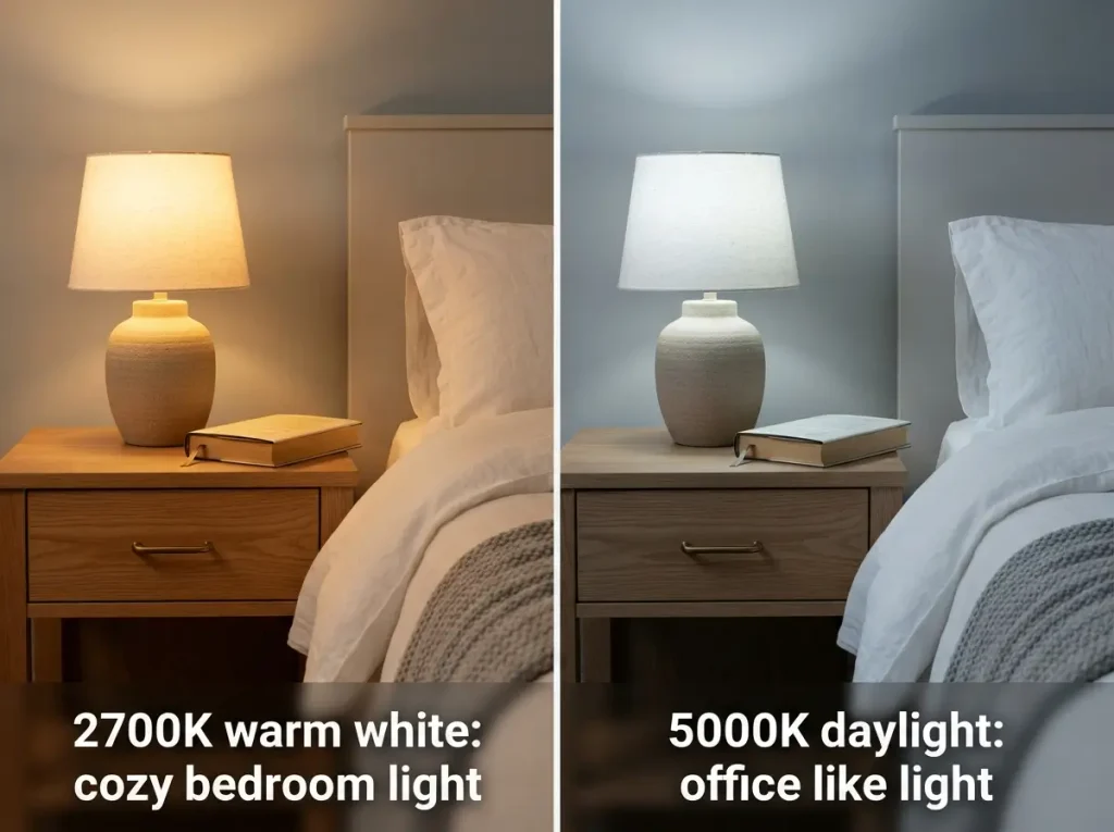 Side by side bedroom comparison of warm 2700K light and cool 5000K light from the same bedside lamp
