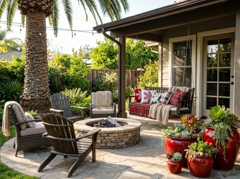 Patio with holiday pillows on a porch swing, lights on a palm trunk, and red pots of succulents