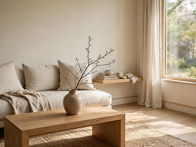 Warm Japandi condo living room with light oak furniture, cream upholstery, a woven rug, and natural textures.