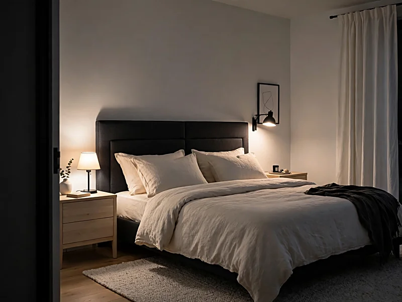 Black and white bedroom with softly glowing bedside lamps, cream bedding, and dark furniture.