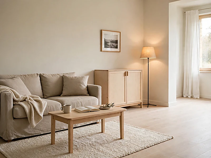 Warm minimalist apartment with a comfortable beige sofa, simple wooden table, closed storage, and soft lighting.