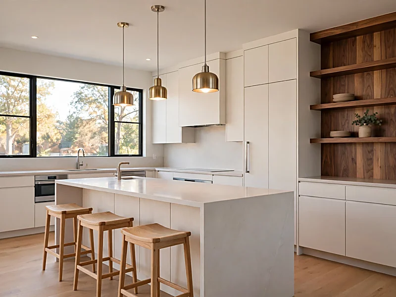 Modern kitchen with flat-panel cabinets, walnut shelving, oak stools, and warm pendant lighting.