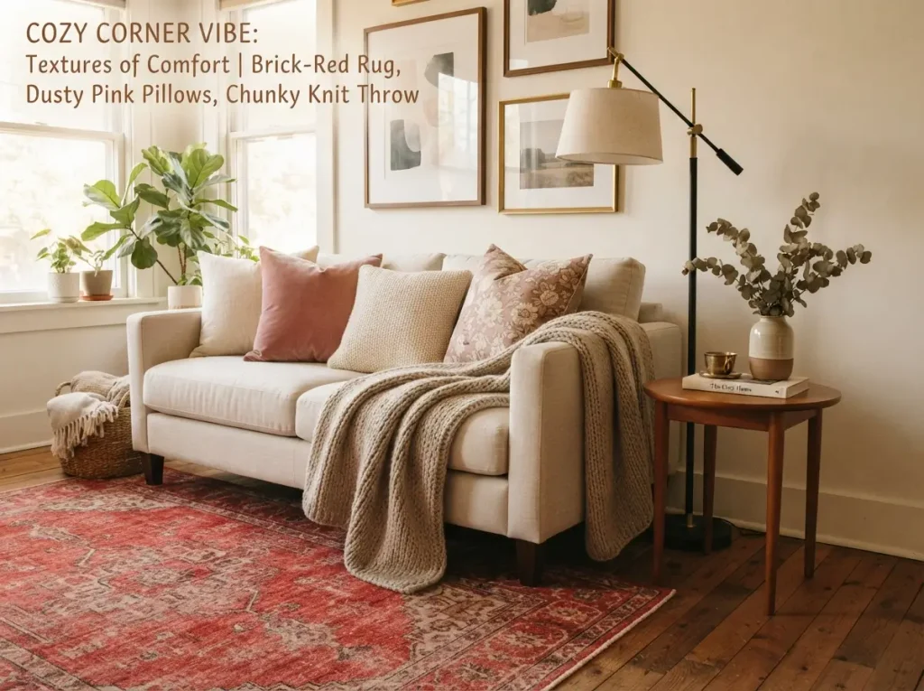 Brick red rug, dusty pink pillows, and beige textured throw with one black lamp for contrast
