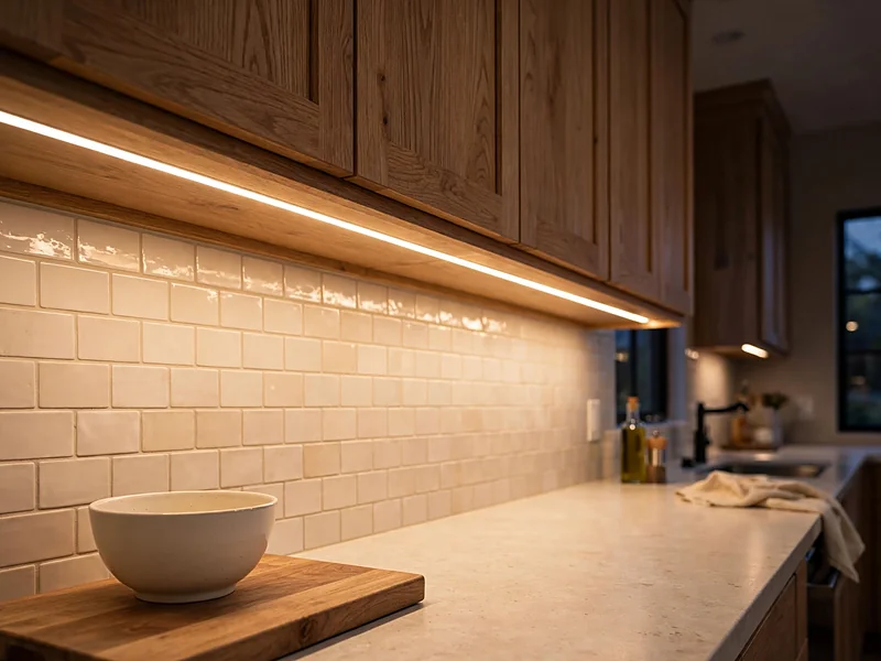 Warm under-cabinet lights illuminating a kitchen countertop and backsplash in the evening.