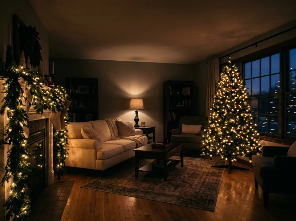 Living room in the evening lit only by lamps, a glowing tree, and warm white fairy lights on a garland