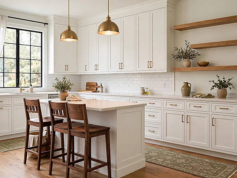 White kitchen cabinets warmed with oak shelves, walnut stools, an olive runner, and brass accents.
