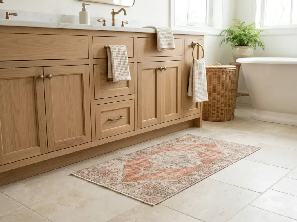 Faded terracotta and cream washable rug on a bathroom floor
