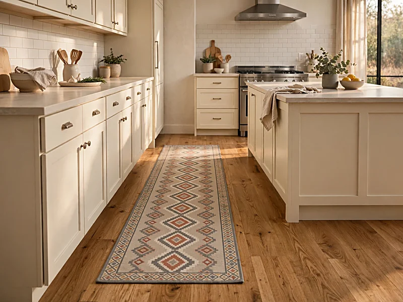 Low-profile washable runner with a muted geometric pattern on oak flooring between kitchen cabinets.