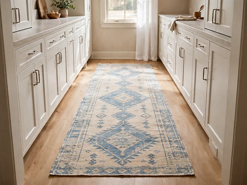 Muted blue patterned runner on oak flooring between white kitchen cabinets.