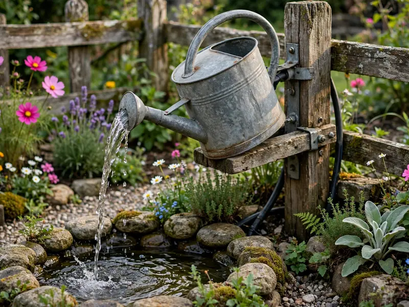 Vintage metal watering can fountain pouring water into a rustic garden basin.