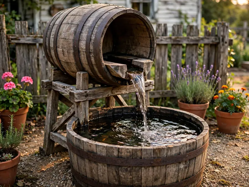 Two-level whiskey barrel fountain with water cascading between rustic wooden barrels.