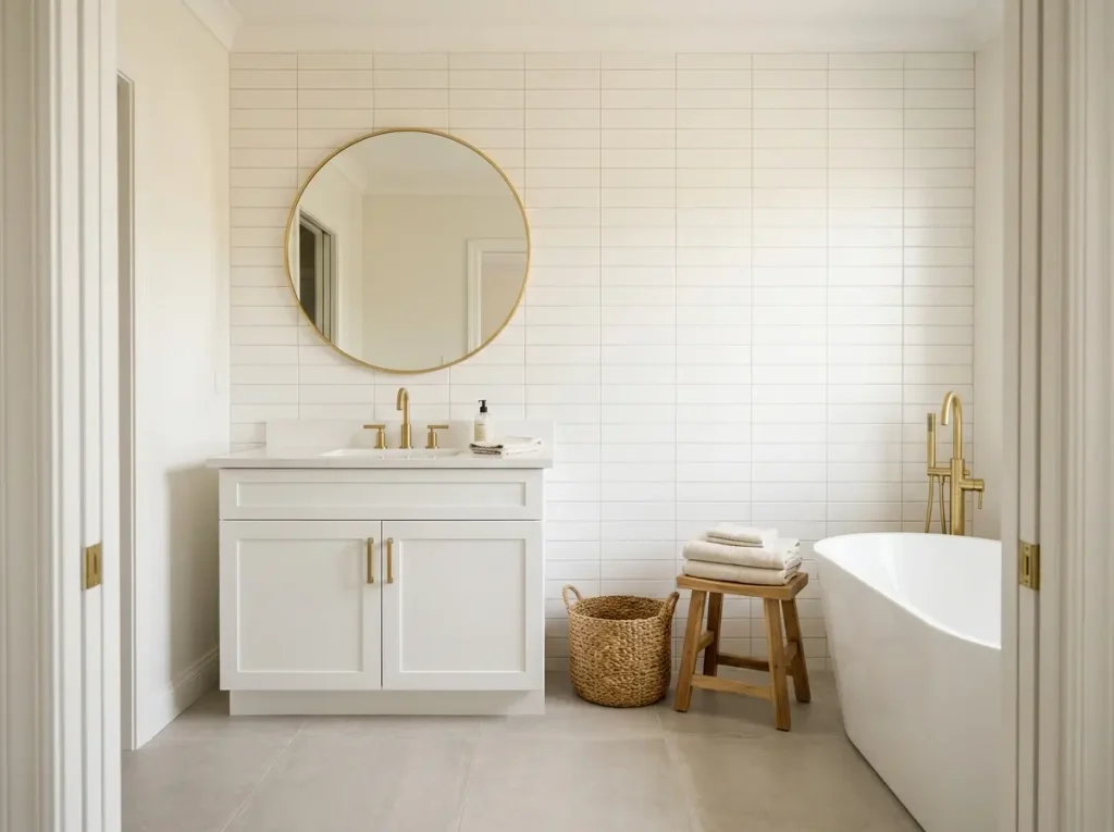 White and gold bathroom with white tile walls, a white vanity, a freestanding tub, and brushed gold fixtures
