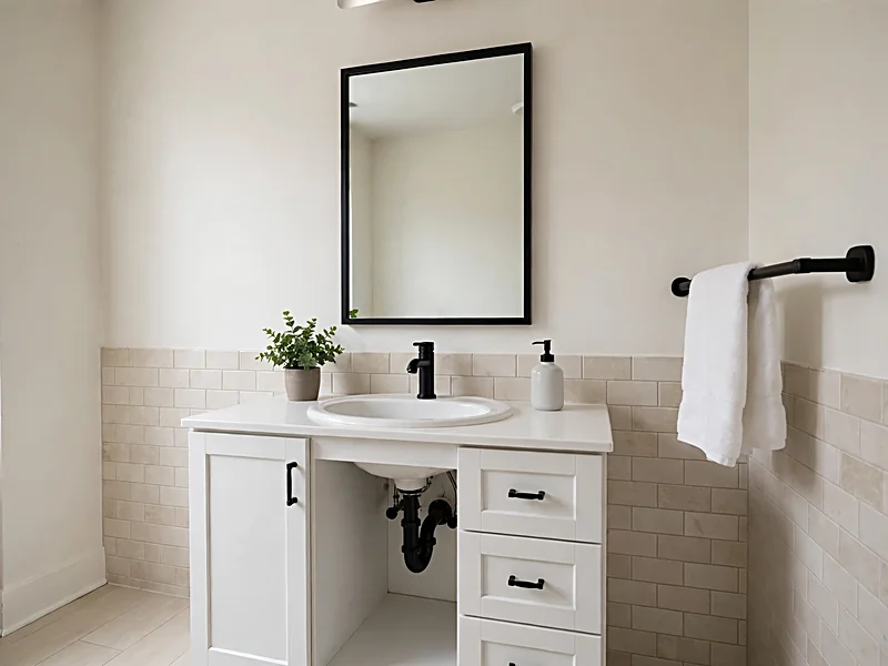 White bathroom vanity with a black-framed mirror, matte black faucet, and matching towel bar.