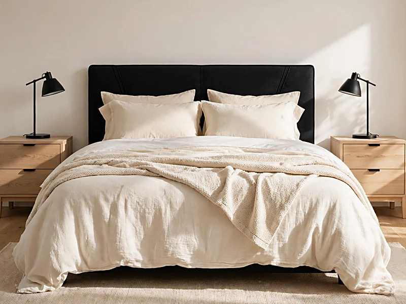Bedroom with a black upholstered headboard, white bedding, cream pillows, and light wooden nightstands.