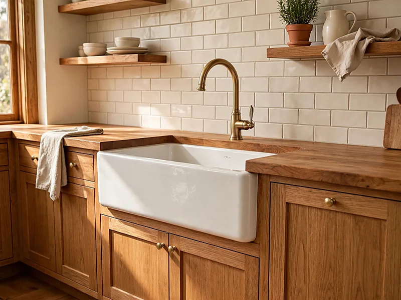 White fireclay farmhouse sink with an exposed apron front, natural oak cabinets, butcher block countertops, and a brass faucet.