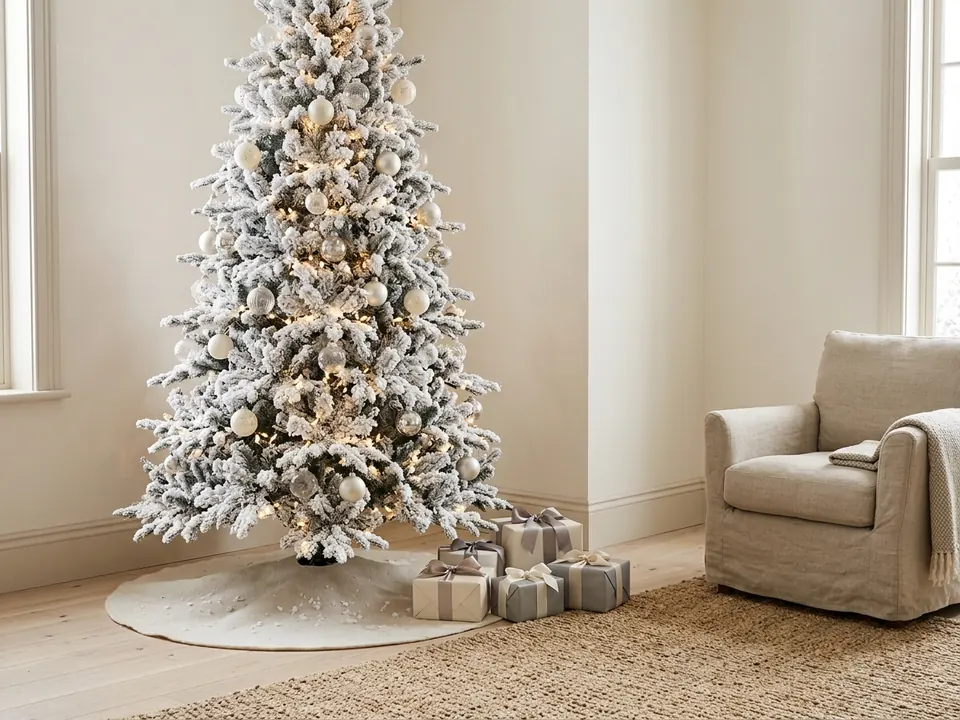 White flocked Christmas tree in a neutral room with wrapped gifts and a mat