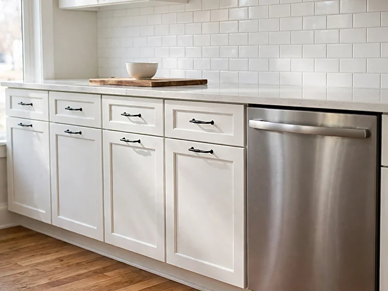 White kitchen cabinets with matte black handles, light countertops, and white subway tile backsplash.
