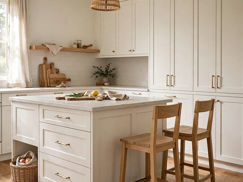 White kitchen cabinets decorated with natural wood accessories and brushed brass hardware.