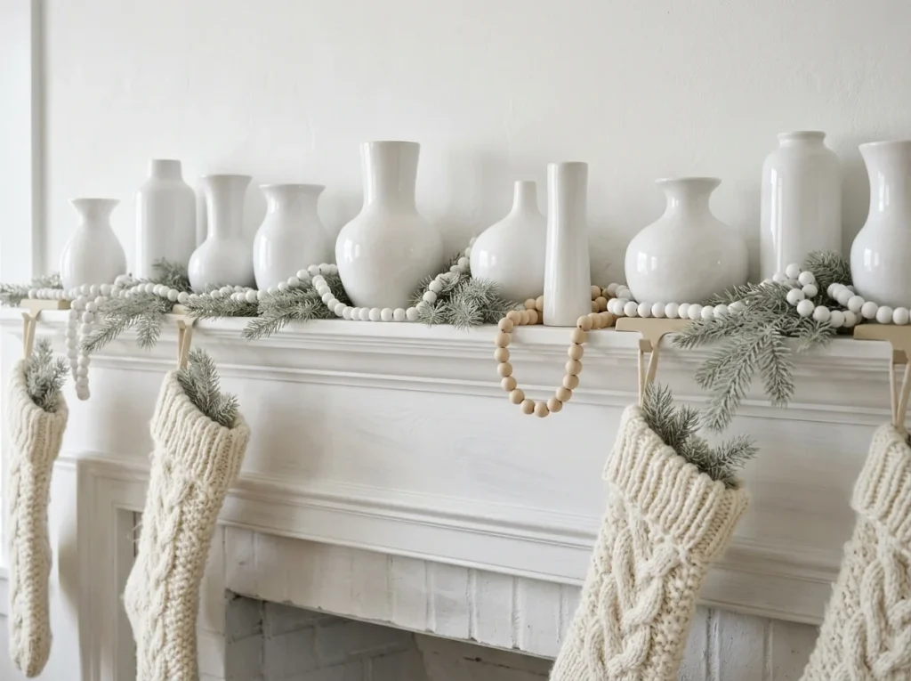 White mantel with bead strands, ivory chunky knit stockings, smooth ceramics, and raw wood beads