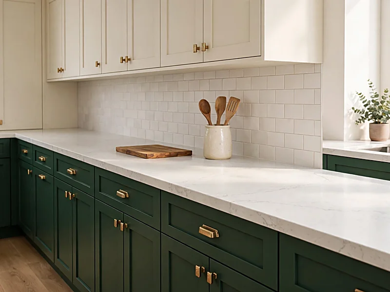 White quartz countertops contrasting with deep forest green kitchen cabinets and brass hardware.