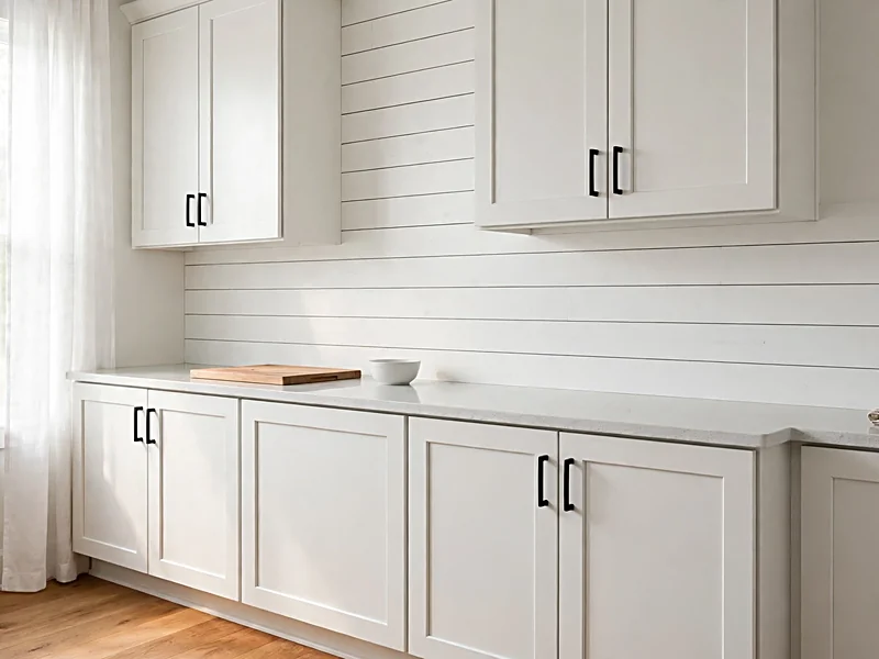 White horizontal shiplap backsplash with matching Shaker cabinets, gray quartz countertops, and black cabinet pulls.