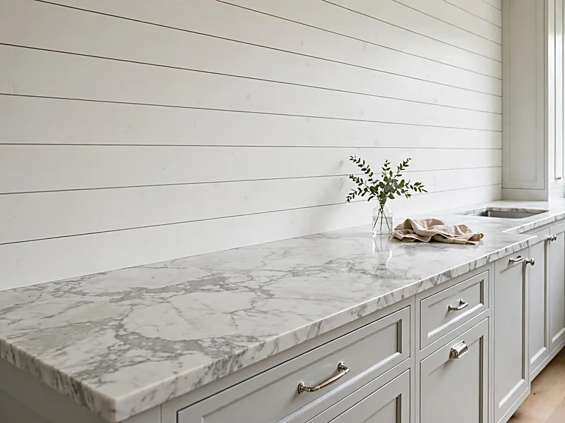 White shiplap backsplash paired with lightly veined marble countertops and pale gray kitchen cabinets.