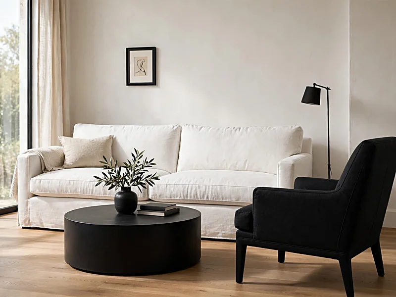 White living room sofa paired with a black accent chair and round black coffee table.
